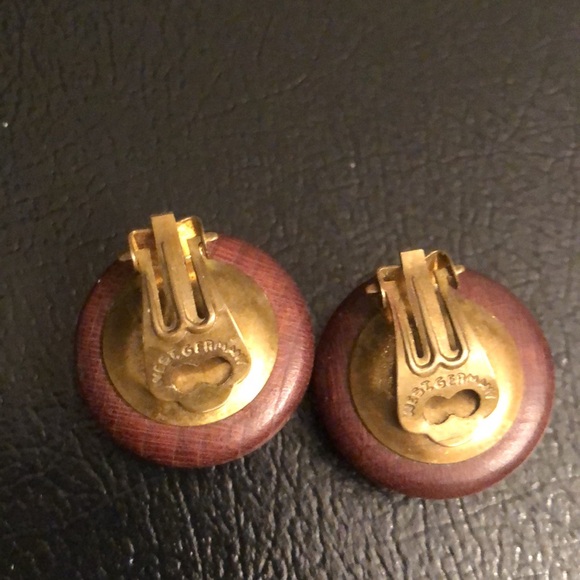 Vintage Brown Matte Wood Oversized Comfort Clip Earrings Made in Germany - #436 - Picture 5 of 6
